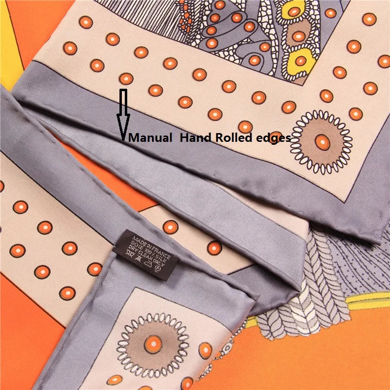 Manual Hand Rolled Twill Silk Scarf Women Saddle Print Square Scarves Wraps Echarpe Silk Foulards Femme Bandana Lady Hijab 90CM