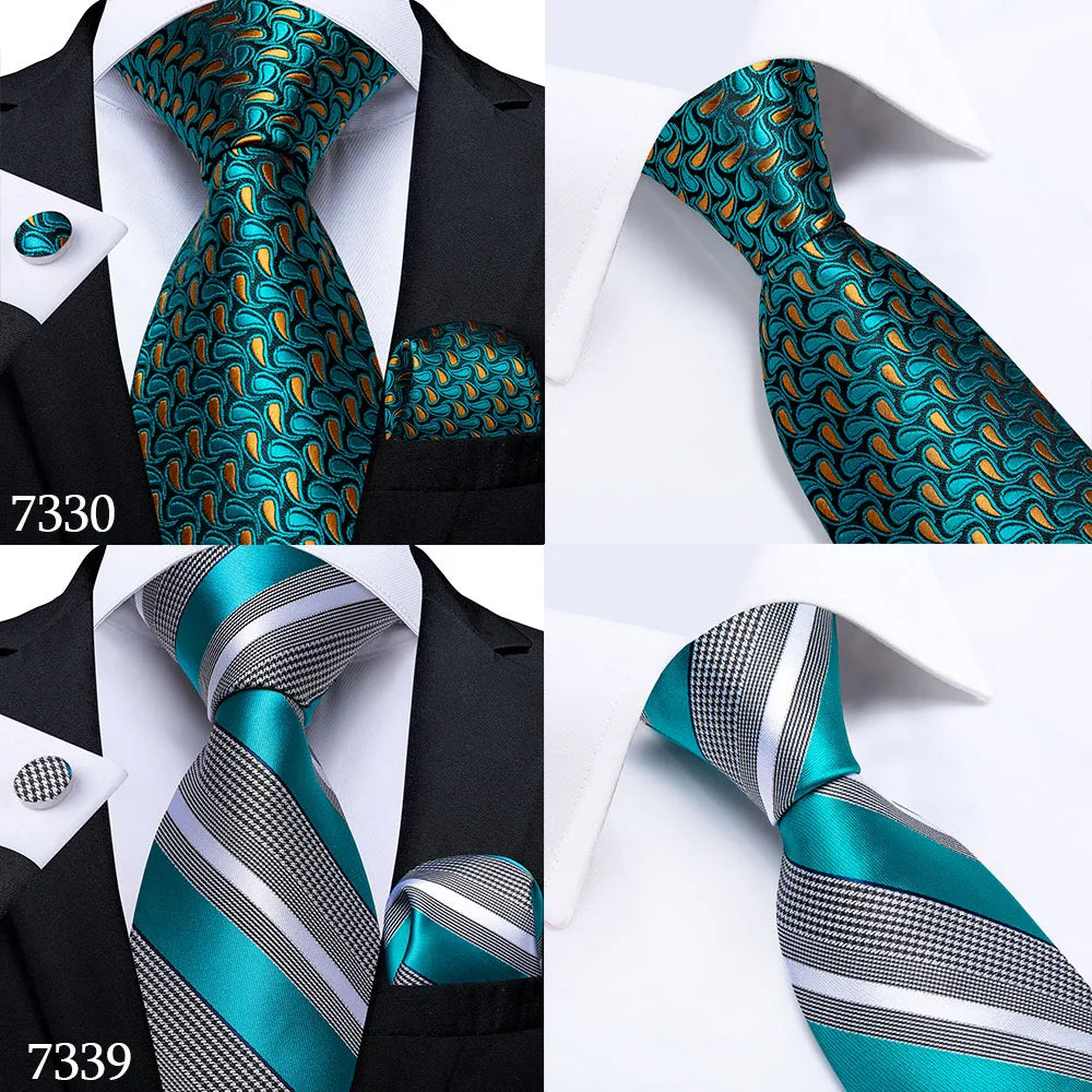 DiBanGu Green Teal Ties For Men Hanky Cufflinks Set 17 Styles Necktie For Male Business Wedding Party Mens Ties New Arrival Tie