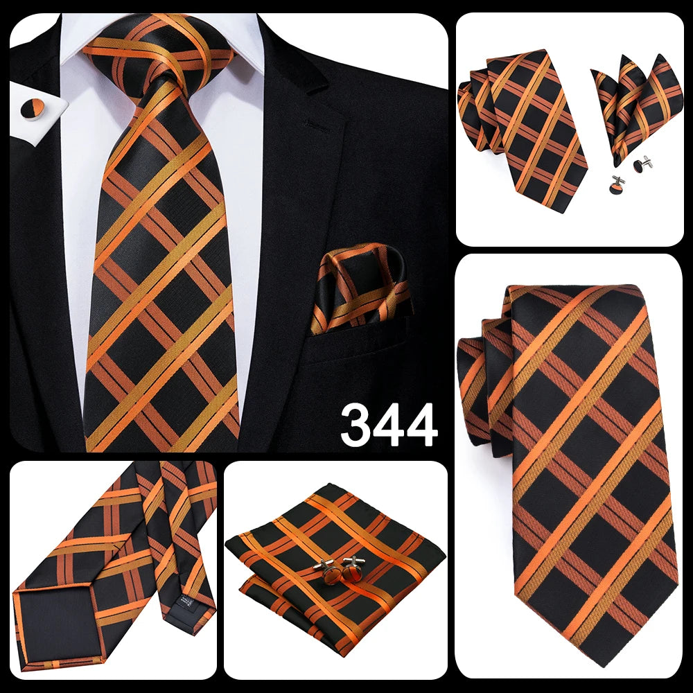 Hi-Tie Men's Tie Set Orange Black Paisley Silk Wedding Ties For Men New Fashion Design Quality Hanky Cufflinks Set Dropshipping