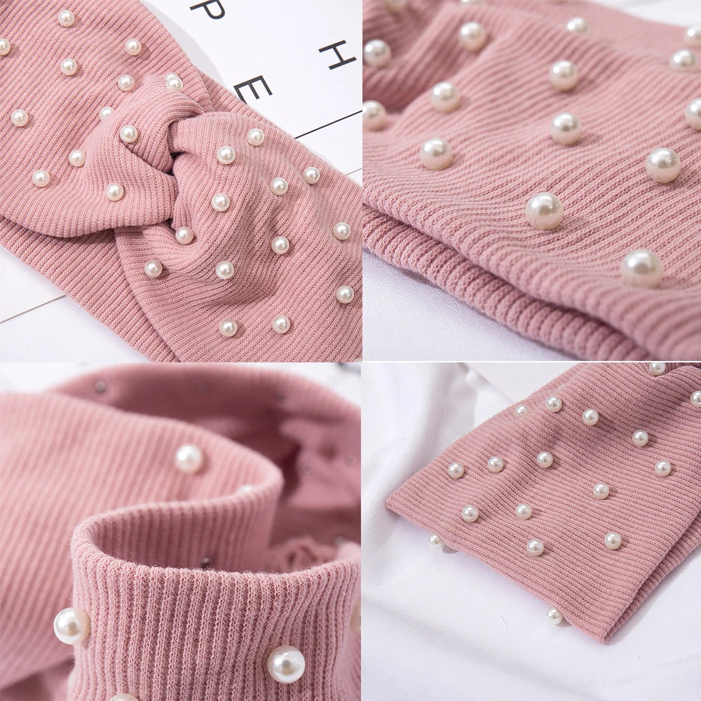 Bow Women's Headbands Pearls Head Bands Knitted Turban Bandana Autumn Winter Elastic Hairband Warm Hair Accessories Headdress