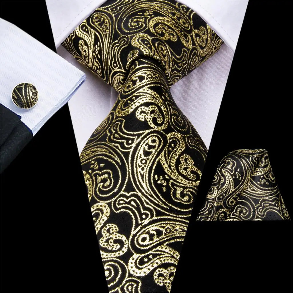 Hi-Tie Luxury Floral Paisley Ties for Men Male Desigenr Red Green Snow Ties for Christmas Adult Silk Tie Hanky Cufflinks Tie Set