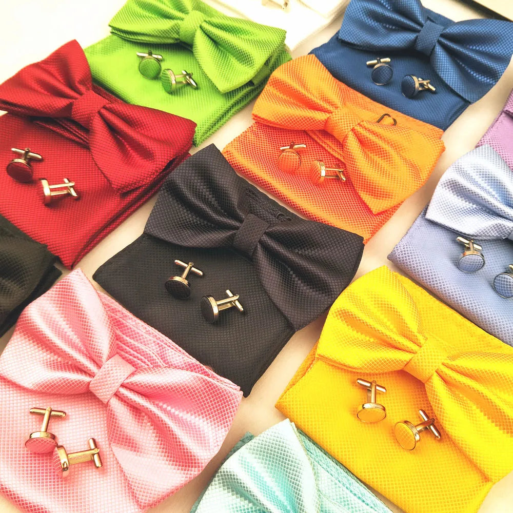 HUISHI Gold Bow Tie Set Butterfly Tie For Men Cufflinks Bowtie Set Green Pocket Square Cufflink Collars Shirt Man Brand Kerchief