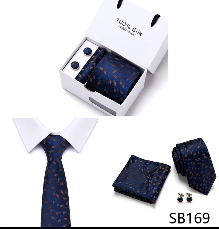 Brand 100% Silk Ties Gift box Office  Men Classic Party Wedding striped 7.5cm Silk Wedding  Floral Tie Necktie Handkerchief Set