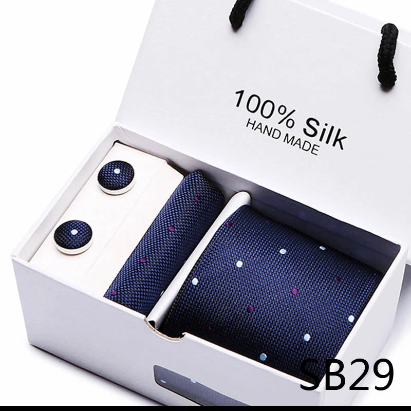 Brand 100% Silk Ties Gift box Office  Men Classic Party Wedding striped 7.5cm Silk Wedding  Floral Tie Necktie Handkerchief Set