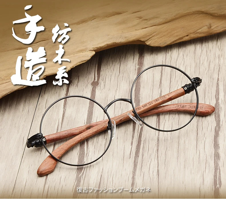 Japan Real Wood Temple Titanium Vintage Round Glasses Frame Men Women Myopia Optical Frames Prescription Frame Oculos De Gafas