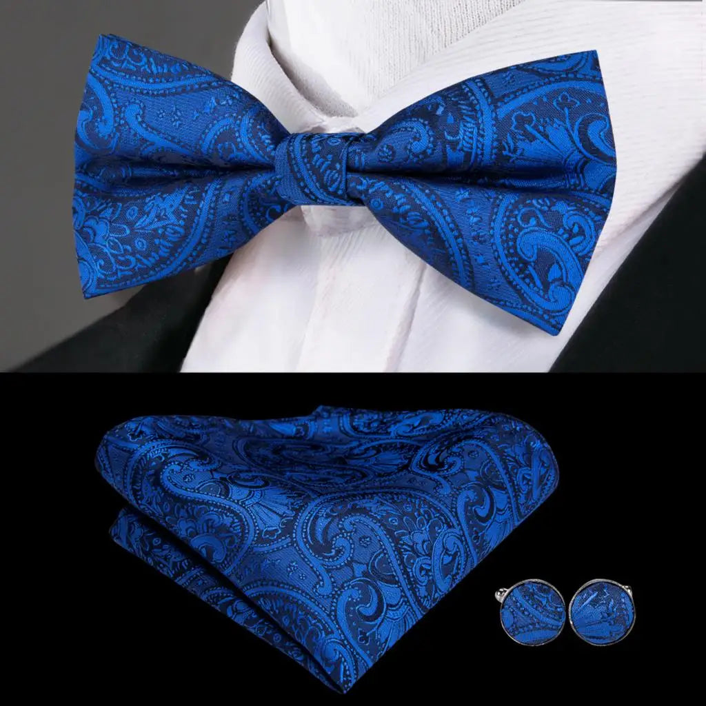 Hi-Tie Christmas Green Bow Ties for Men Silk Butterfly Tie Bow Tie Hanky Cufflinks Set Wedding Party Paisley Plaid Solid Bowtie