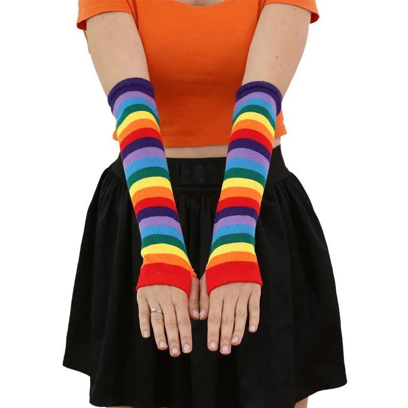 Elbow Length Fingerless Gloves Rainbow Arm Sleeve Warmer Rainbow Striped Knitted Sunscreen Halloween Costume Fingerless Mittens