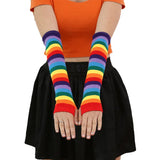 Elbow Length Fingerless Gloves Rainbow Arm Sleeve Warmer Rainbow Striped Knitted Sunscreen Halloween Costume Fingerless Mittens