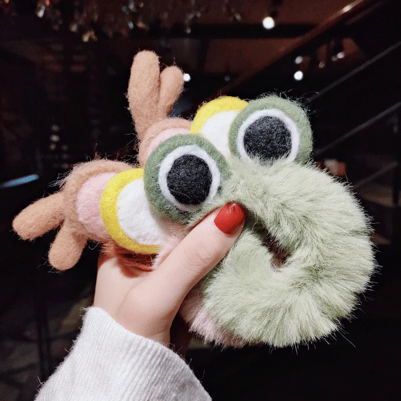 Women Girl Cute Cartoon Hair Scrunchies Panda Cows Cat Rabbit Plush Elastic Hair Bands Sweet Pontail Ties Christmas Accessories
