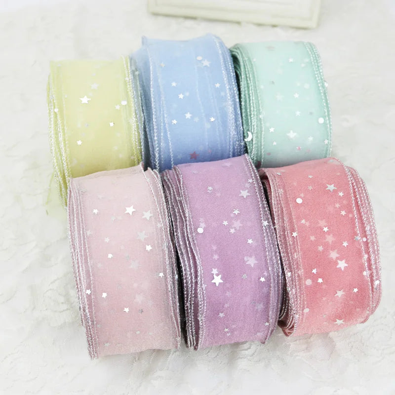 (5 Yards/roll) Stars Silk Organza ribbon Bow material for hair print flower decoration lace ribbons