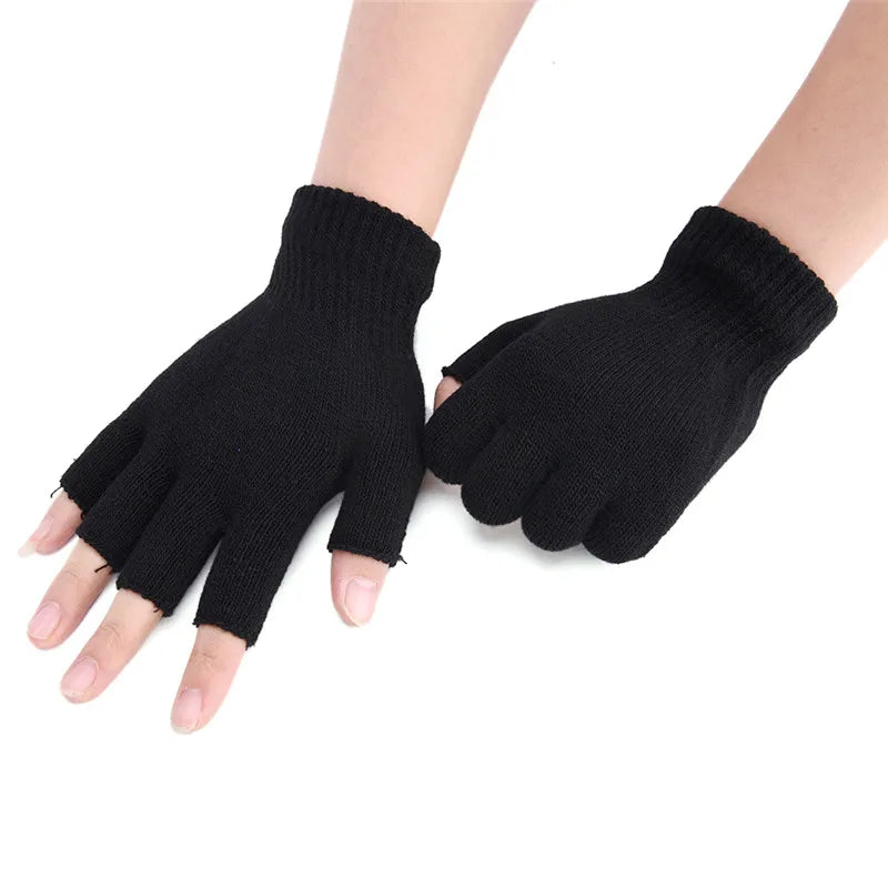 1Pair Winter Warm Workout Gloves Wool Knit Wrist Cotton Gloves Black Half Finger Fingerless Gloves For Women And Men