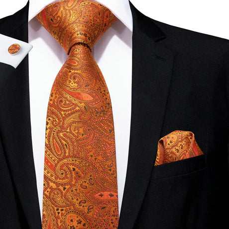 Hi-Tie Men's Tie Set Orange Black Paisley Silk Wedding Ties For Men New Fashion Design Quality Hanky Cufflinks Set Dropshipping