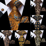 Hi-Tie Elegant Mens Necktie Black Gold Striped Paisley Silk Wedding Nicktie For Men Hanky Cufflinks Business Party Dropshipping