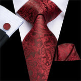 Hi-Tie Luxury Floral Paisley Ties for Men Male Desigenr Red Green Snow Ties for Christmas Adult Silk Tie Hanky Cufflinks Tie Set