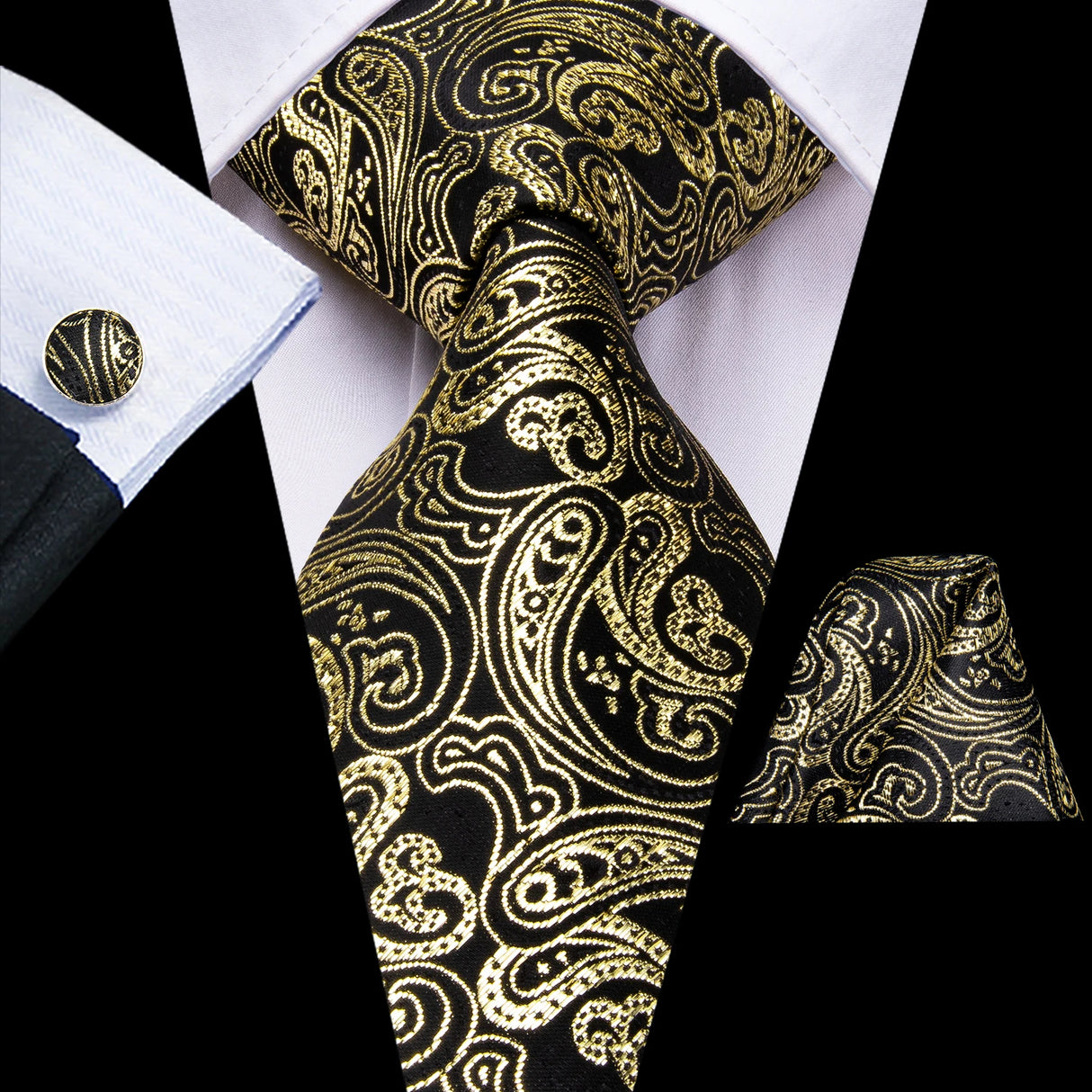 Hi-Tie Elegant Mens Necktie Black Gold Striped Paisley Silk Wedding Nicktie For Men Hanky Cufflinks Business Party Dropshipping