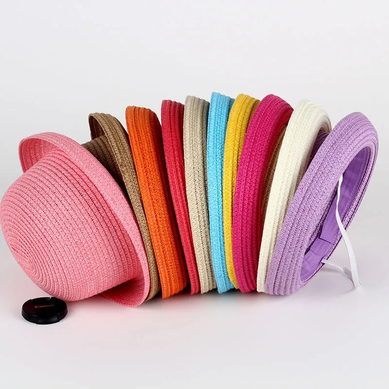 Wholesale Baby Straw Hat Solid Color Kids Character Decoration Infant Sun Hats Girl Boys Bucket Cap Children Beach Panama Caps