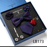 Holiday Gift Box Tie For Men 7.5 cmTie Hanky Pocket Squares Cufflink Set Bow Tie Clip Necktie Box Purple hombre Geometric Office