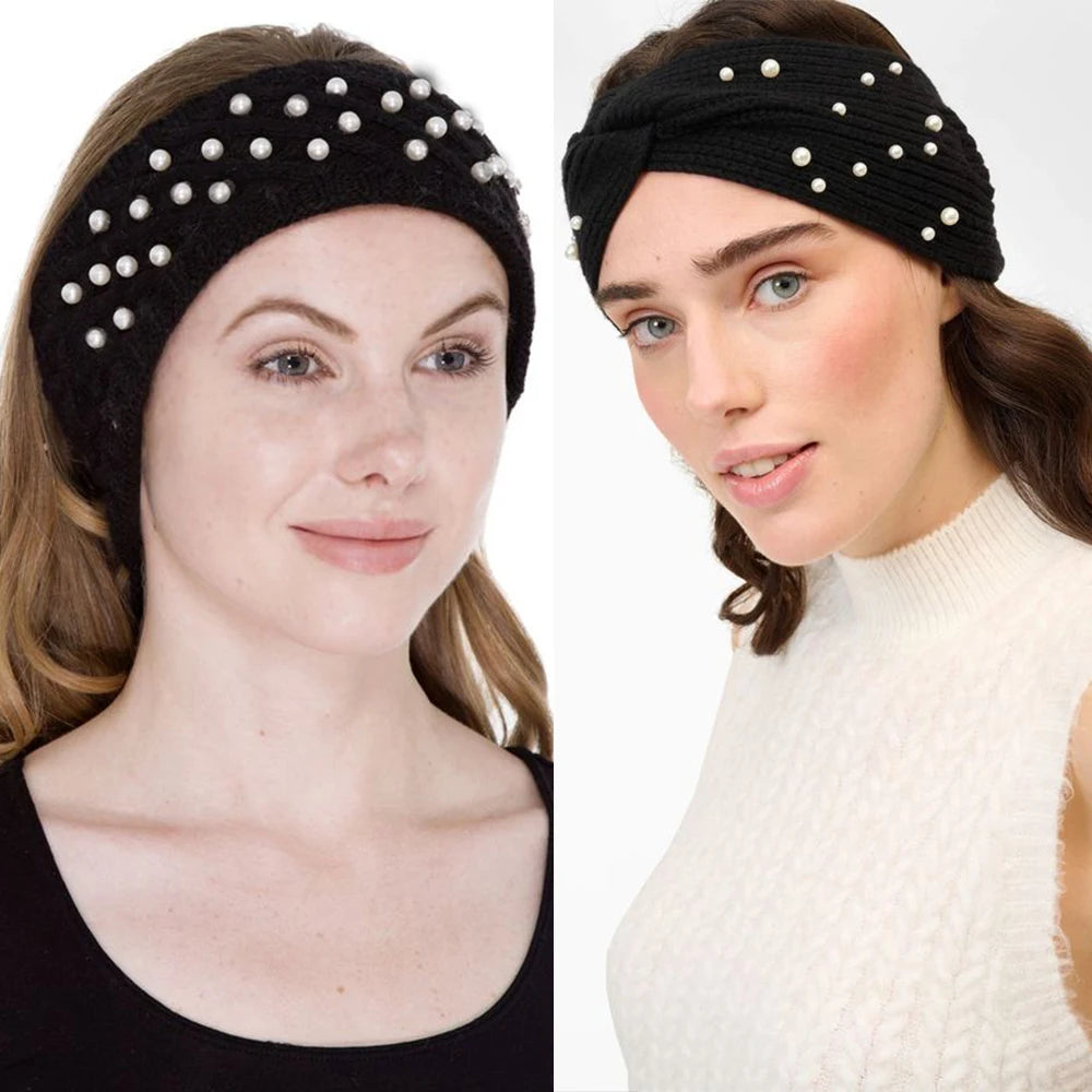 Bow Women's Headbands Pearls Head Bands Knitted Turban Bandana Autumn Winter Elastic Hairband Warm Hair Accessories Headdress