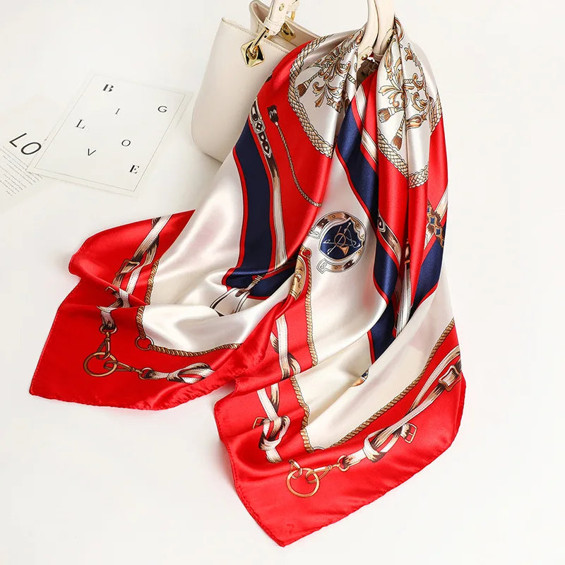 Handkerchiefs Hair Silk Scarf 90*90cm Print Satin Big Square Silk Scarves Shawls for Women Luxury Brand Designer Hijab Headband