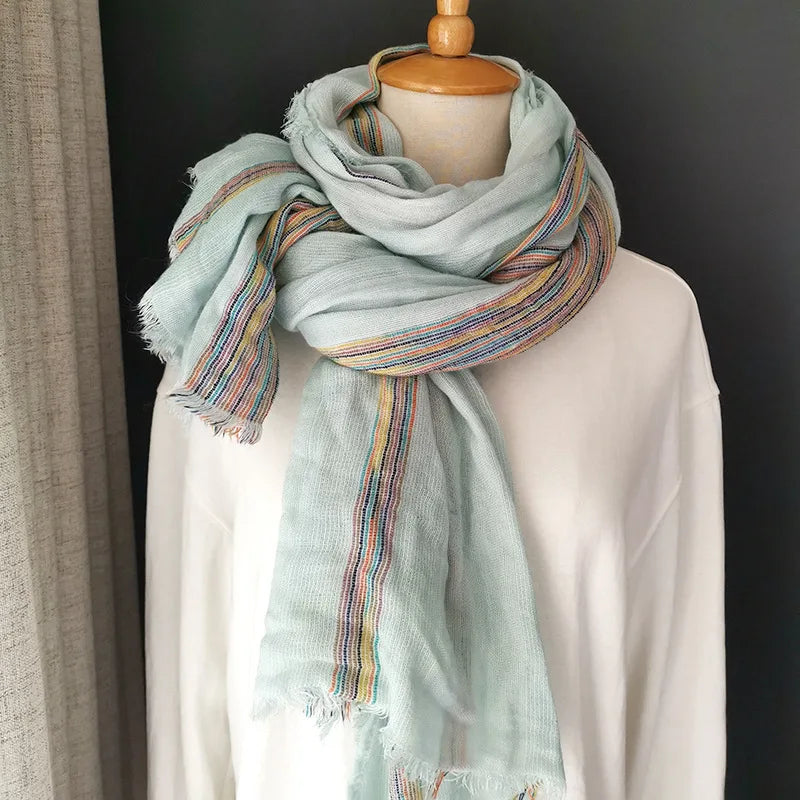 Fashion New Design Color Stripe Double Layer Wrinkle Winter Women Solid Scarf Warm Long Elegant Wrap Acrylic Shawl