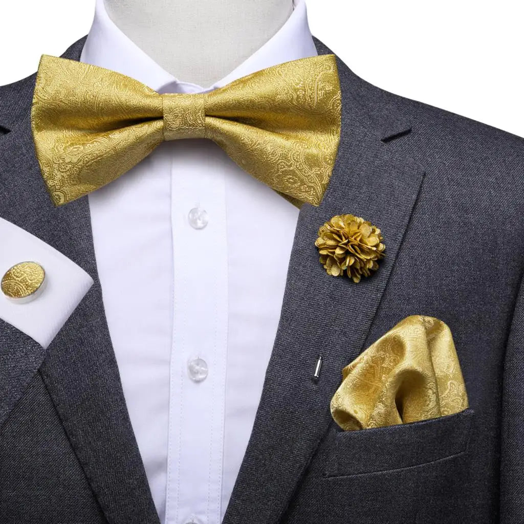 Hi-Tie Luxury Gold Silk Bow Ties for Men Fashion Men's Yellow Bowtie Handkerchief Cufflinks Brooch Set butterfly  Wedding Set