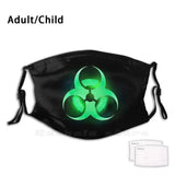 Green Biohazard Symbol Funny Print Reusable Pm2.590 Filter Face Mask Biohazard Green Symbol On Black Glowing Background