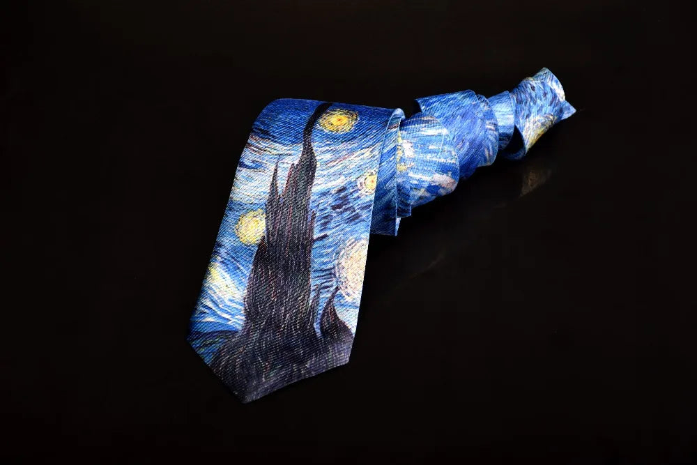 New Van Gogh Oil Painting Tie For Men Star Moon Night Retro Fun 8cm Wide Slim Necktie Accessories Daily Wear Wedding Party Gift