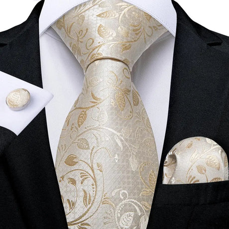 Hi-Tie Solid Champagne Ivory Floral Design Silk Wedding Tie For Men Quality Hanky Cufflink Fashion Nicktie Business Dropshipping