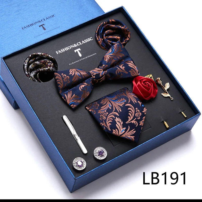 Holiday Gift Box Tie For Men 7.5 cmTie Hanky Pocket Squares Cufflink Set Bow Tie Clip Necktie Box Purple hombre Geometric Office