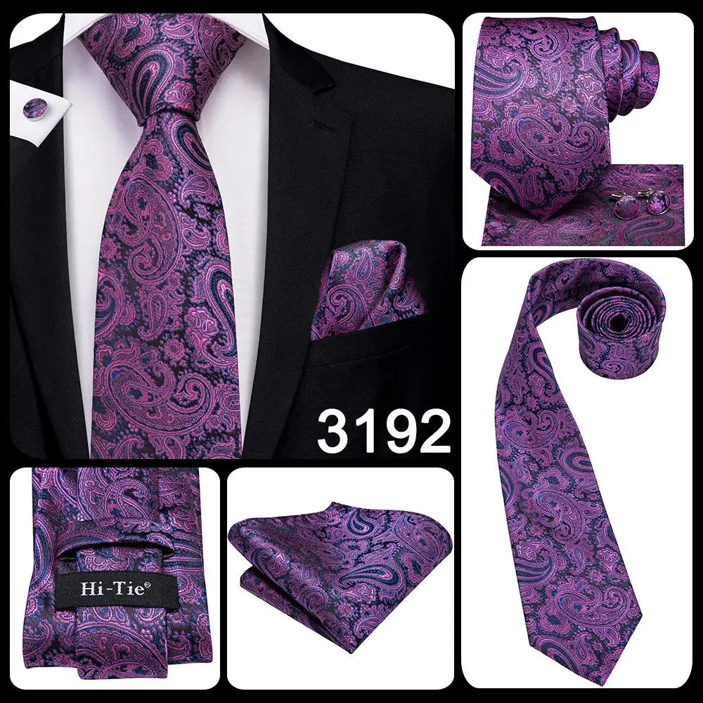 Hi-Tie Designer Purple Solid Paisley Silk Wedding Tie For Men Quality Hanky Cufflink Men Gift Necktie Set Fashion Dropshipping