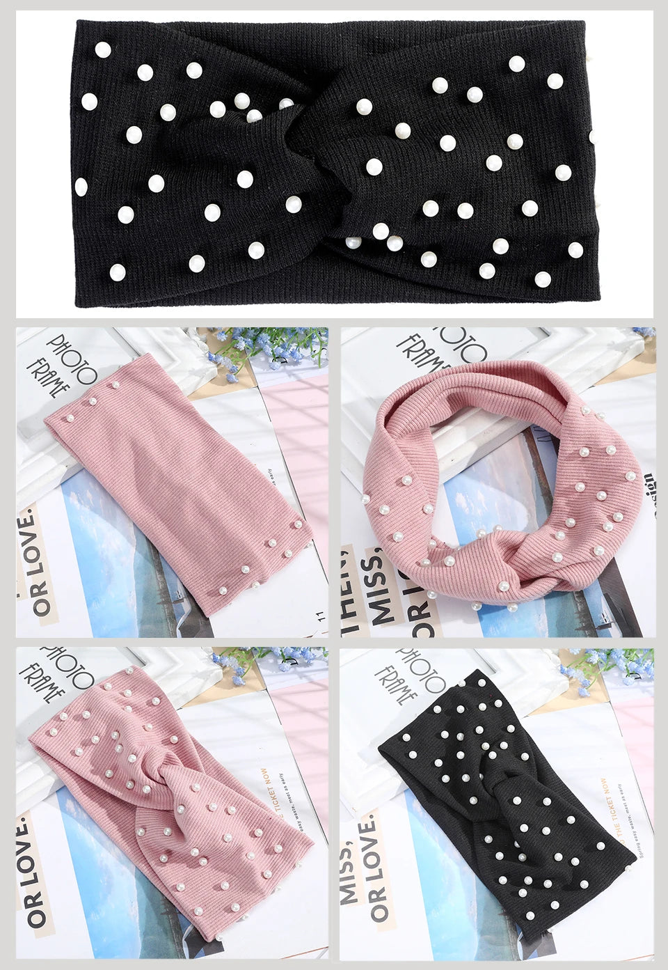 AWAYTR Women's Headbands Pearls Head Bands Knitted Turban Bandana Autumn Winter Elastic Hairband Warm Hair Accessories Headdress