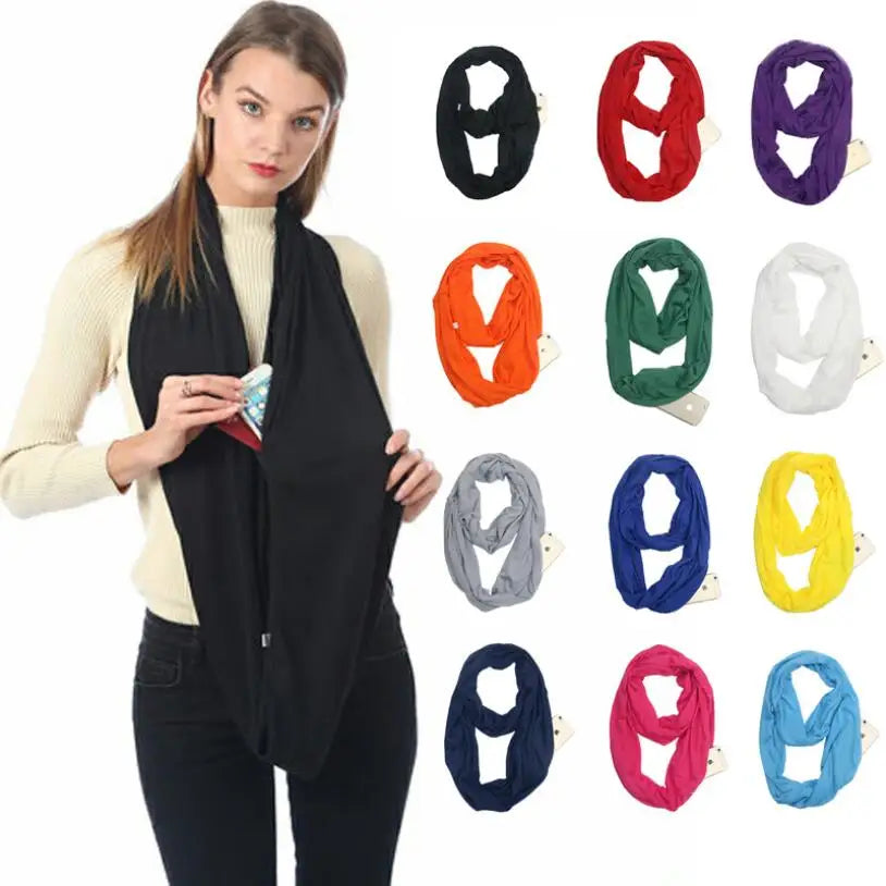 180CM women zipper pocket scarf infinity scarf solid color woman storage item scarf bib ring scarves warm sweat cloth travel