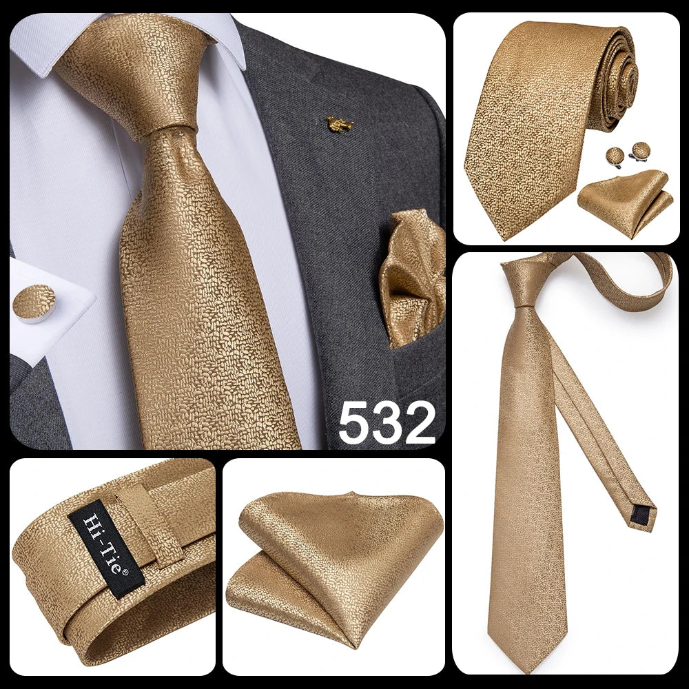 Hi-Tie Solid Gold Yellow Silk Ties For Men Handky Cufflinks Set Fashion Gift For Men's Tie Wedding Business Necktie