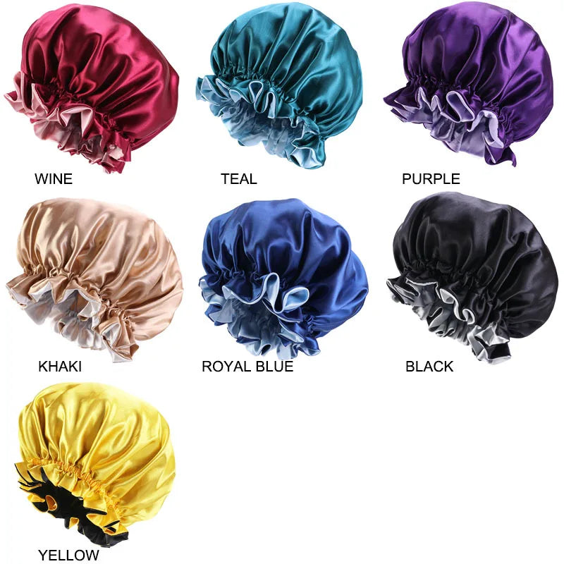 Satin Bonnet  Sleeping Cap Double Color Ding Big Lace Nightcap Extra Large Round Cap Hair Care Hair Shower Caps