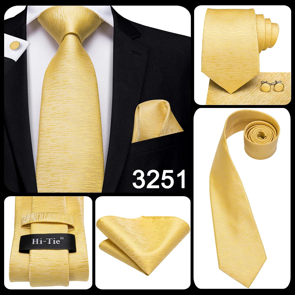 Hi-Tie Solid Gold Yellow Silk Ties For Men Handky Cufflinks Set Fashion Gift For Men's Tie Wedding Business Necktie