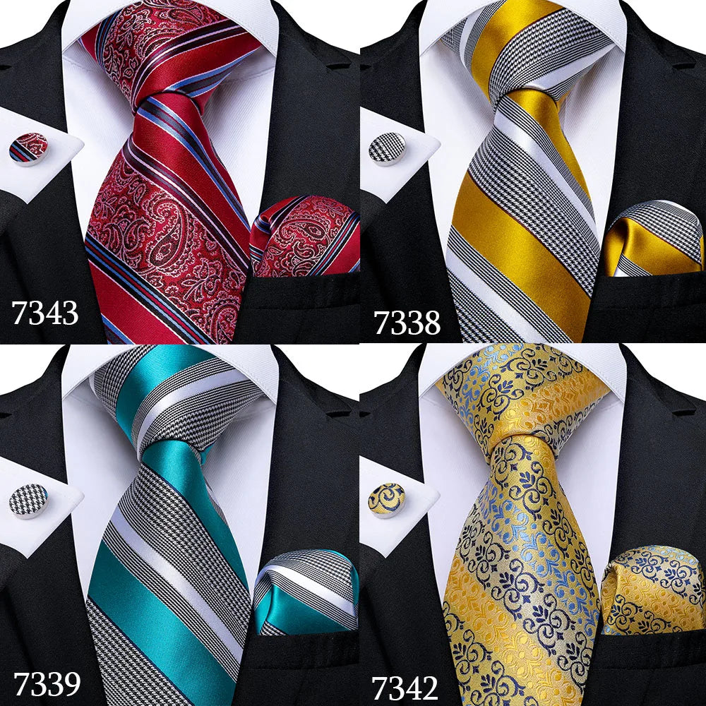 Fashion Striped Tie For Men Red Wine White Silk Wedding Tie Hanky Cufflink Gift Tie Set DiBanGu Novelty Design Business MJ-7337