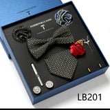 Holiday Gift Box Tie For Men 7.5 cmTie Hanky Pocket Squares Cufflink Set Bow Tie Clip Necktie Box Purple hombre Geometric Office