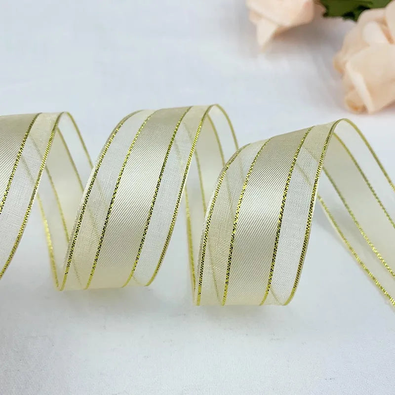 5 Yards 25mm Organza Ribbons Gold Metallic Egde Ribbons For Wedding Christmas Party Decor Flower Gift Packing Ribbon For Crafts