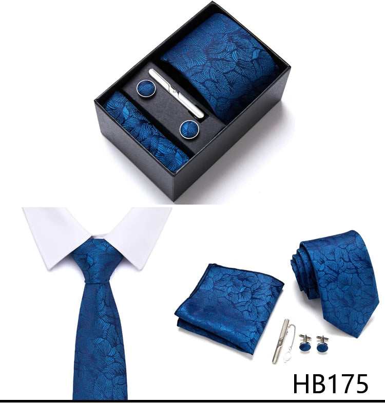 Brand Wholesale Tie Pocket Squares Cufflink Set Necktie Blue Striped Man Wedding Accessories Fit Workplace Holiday Gift Box