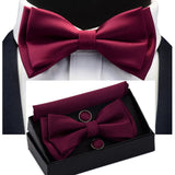 Solid Bow Tie Set Different Size Up and Down Men's Plain Bowtie Handkerchief Cufflinks Gift Box Set For Men Wedding Fashion Ties