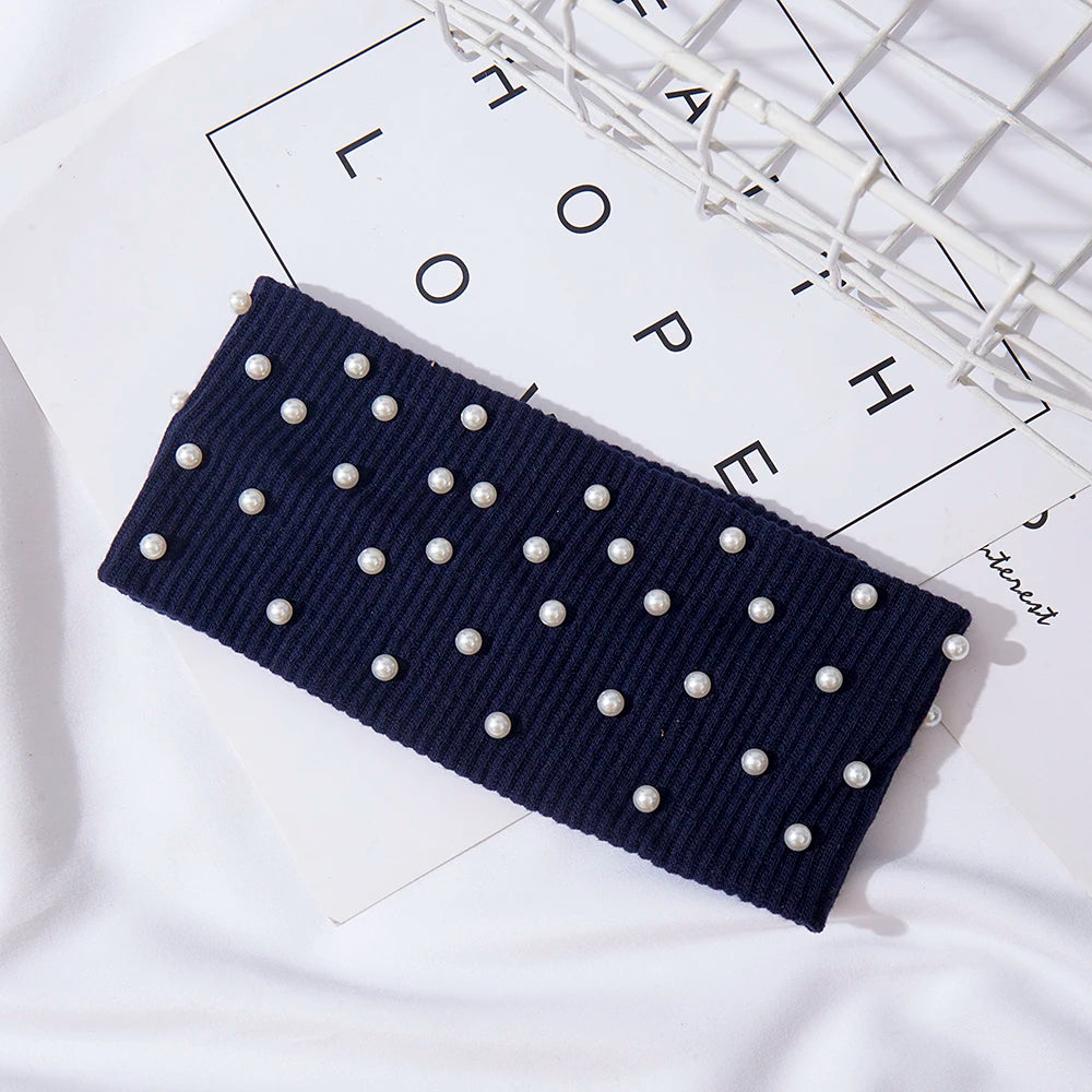 Bow Women's Headbands Pearls Head Bands Knitted Turban Bandana Autumn Winter Elastic Hairband Warm Hair Accessories Headdress
