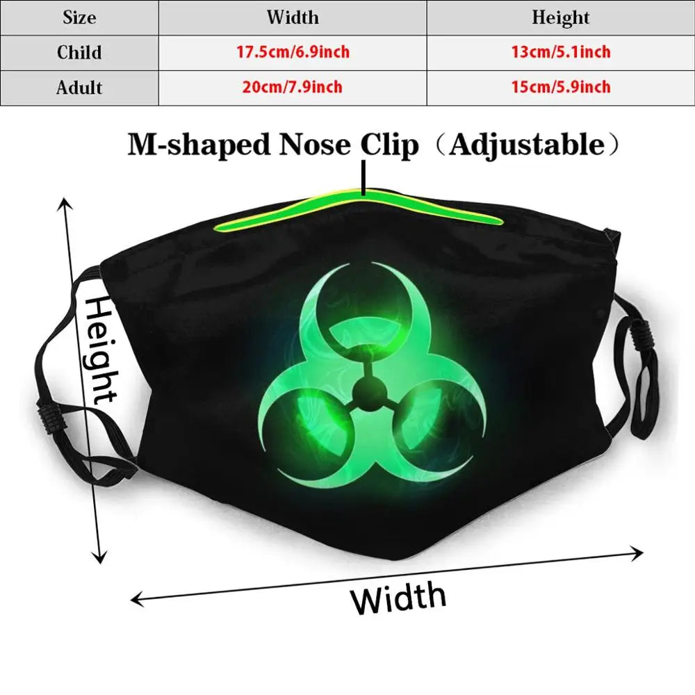 Green Biohazard Symbol Funny Print Reusable Pm2.590 Filter Face Mask Biohazard Green Symbol On Black Glowing Background