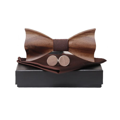 Wooden Bow Tie Handkerchief Cufflinks Set Men's Plaid Bowtie Wood Hollow carved cut out design with Gift Box Fashion Novelty tie