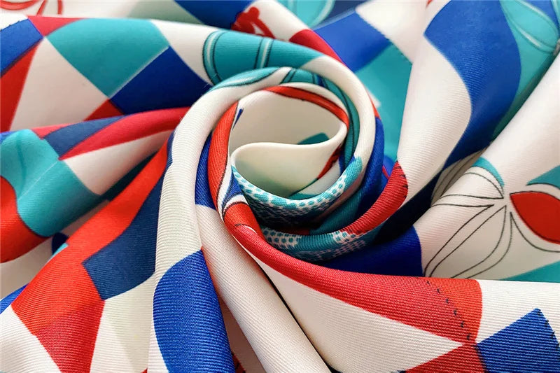 90cm Manual Hand Rolled Twill Silk Scarf Women Geometric Square Print Curled Square Scarves Echarpes Foulards Femme Wrap Bandana