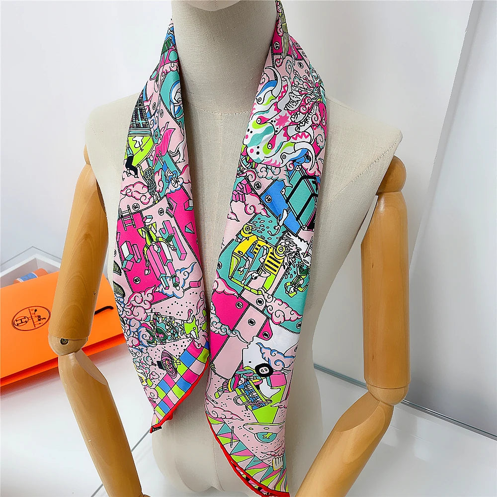 Manual Hand Rolled Twill Silk Scarf Women Hopi Print Square Scarves Wraps Echarpes Curled Foulards Femme Bandana Hijabs 90x90CM