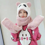 Panda plush Ladies Winter Riding Warm Windproof Gloves Bib Hat Three Piece Women Bear Ear Scarf One-Piece Cap Antlers Female Hat