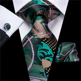 Hi-Tie Luxury Floral Paisley Ties for Men Male Desigenr Red Green Snow Ties for Christmas Adult Silk Tie Hanky Cufflinks Tie Set