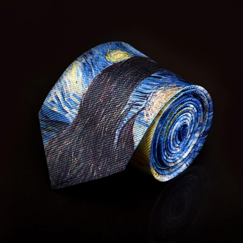 New Van Gogh Oil Painting Tie For Men Star Moon Night Retro Fun 8cm Wide Slim Necktie Accessories Daily Wear Wedding Party Gift