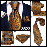 Hi-Tie Elegant Mens Necktie Black Gold Striped Paisley Silk Wedding Nicktie For Men Hanky Cufflinks Business Party Dropshipping