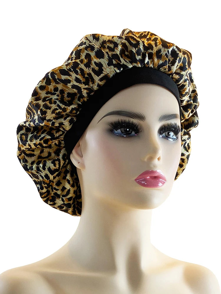 Leopard Print Satin Bonnet Cap Wide Rubber Band Nightcap Hair Care Hat